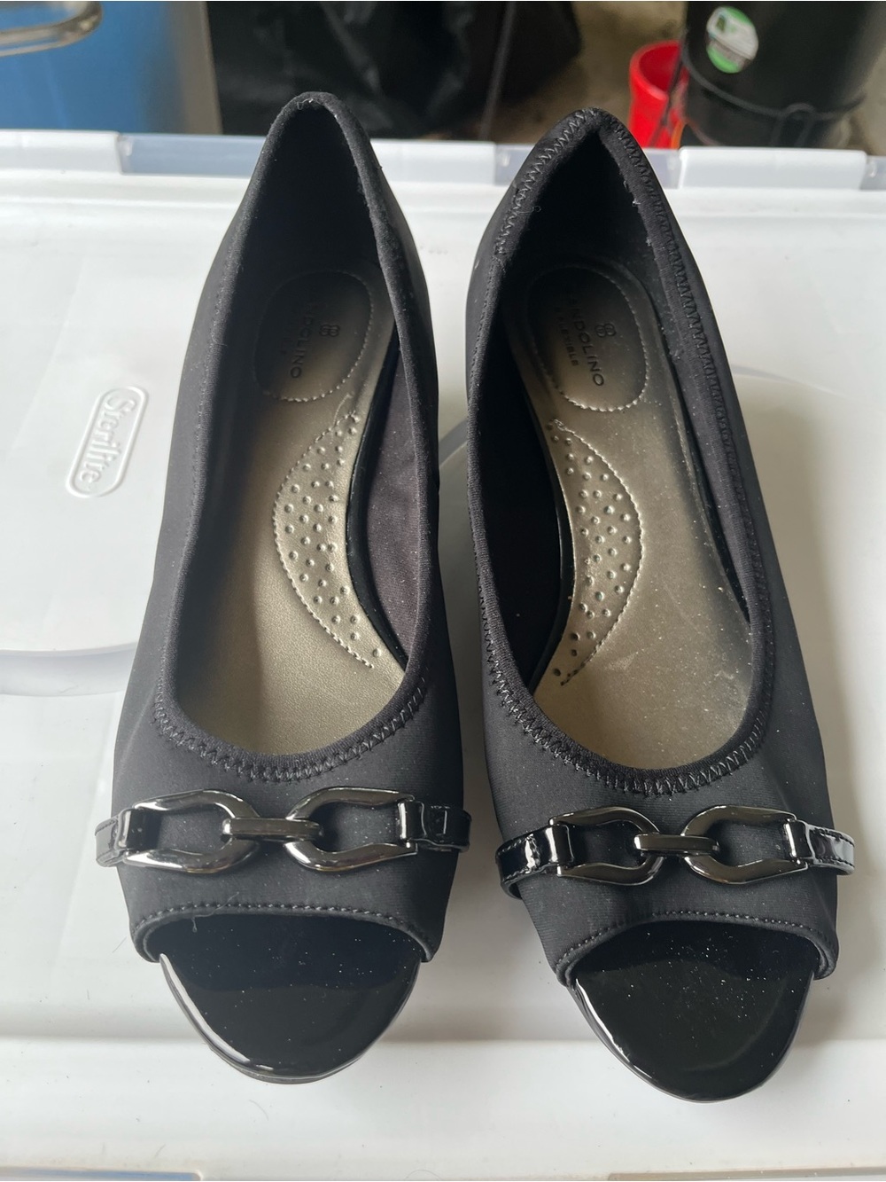 Bandolino Black Peep-Toe Heels with Chain Accent